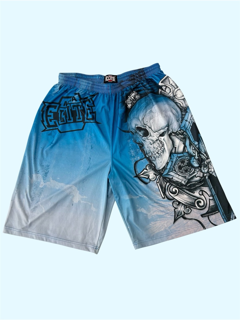 Y2K MMA Elite AOP Skull Fleur de Lis Gradient Baggy Cyber Goth Shorts Blue XL